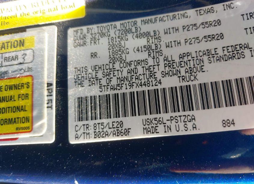 Photo 9 of 2015 Toyota Tundra PLATINUM 5.7L V8 (VIN 5TFAW5F19FX448124)