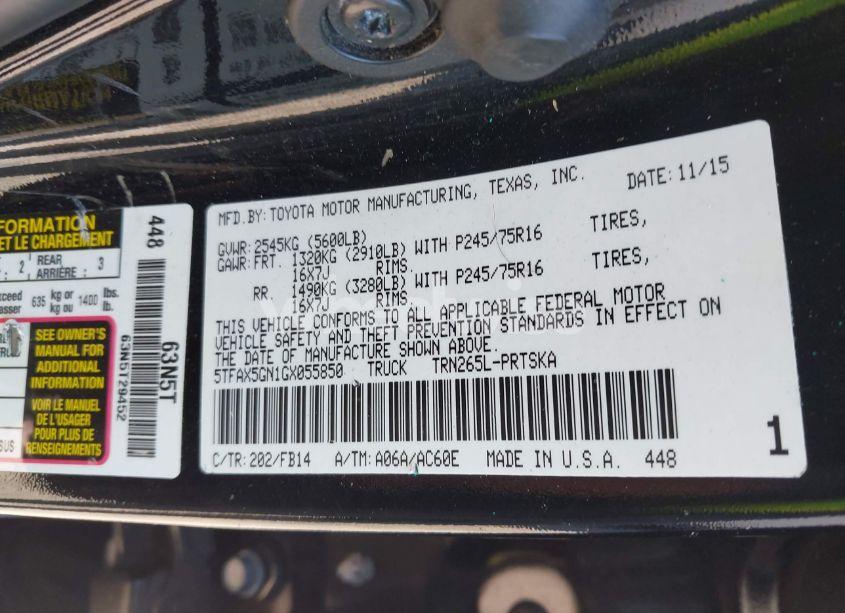 Photo 9 of 2016 Toyota Tacoma SR (VIN 5TFAX5GN1GX055850)