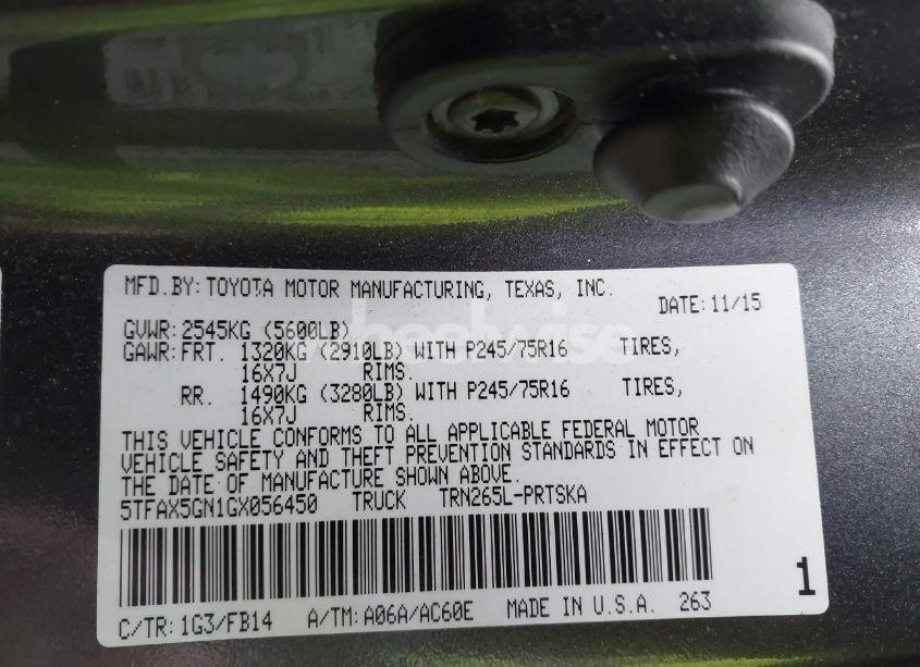 Photo 9 of 2016 Toyota Tacoma SR (VIN 5TFAX5GN1GX056450)