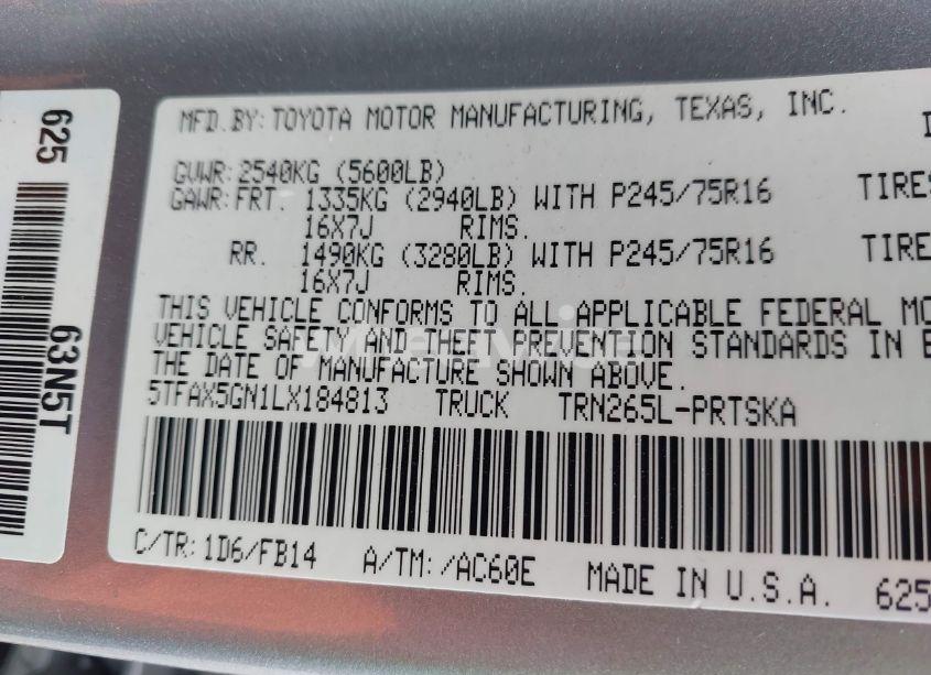 Photo 9 of 2020 Toyota Tacoma SR (VIN 5TFAX5GN1LX184813)