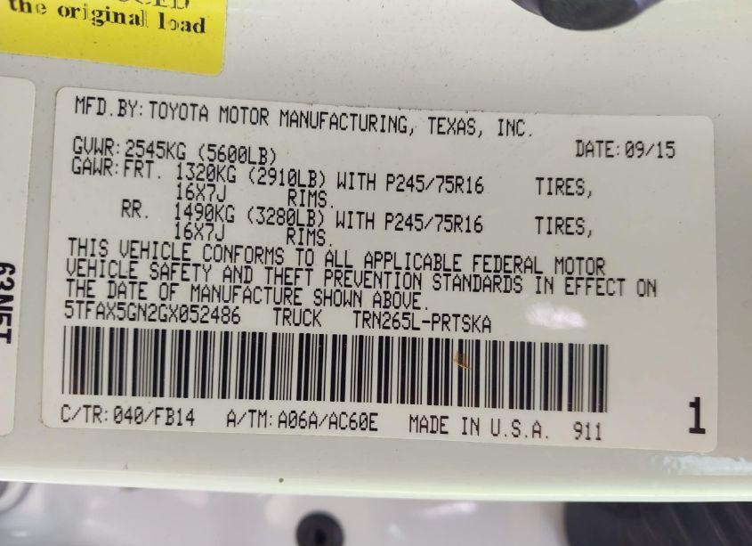 Photo 9 of 2016 Toyota Tacoma SR (VIN 5TFAX5GN2GX052486)
