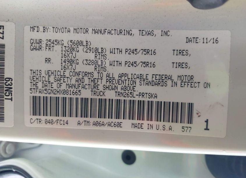 Photo 9 of 2017 Toyota Tacoma SR5 (VIN 5TFAX5GN2HX081665)