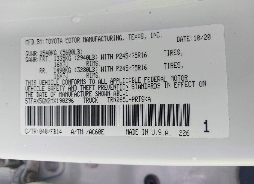 Photo 9 of 2021 Toyota Tacoma SR (VIN 5TFAX5GN2MX190296)