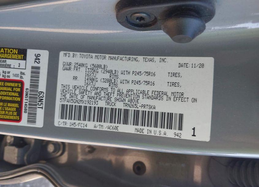 Photo 9 of 2021 Toyota Tacoma SR5 (VIN 5TFAX5GN2MX192193)