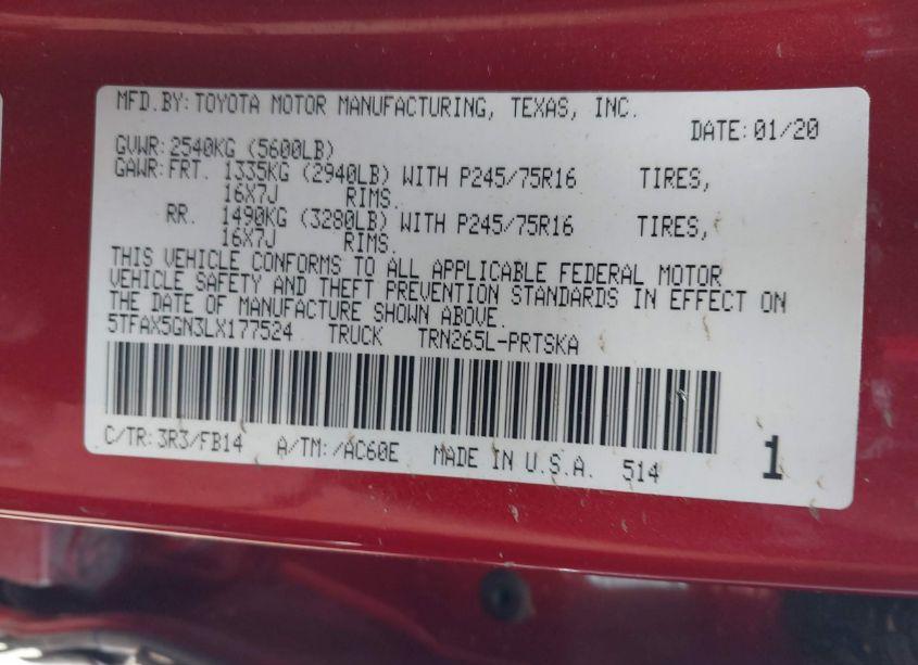 Photo 9 of 2020 Toyota Tacoma SR (VIN 5TFAX5GN3LX177524)