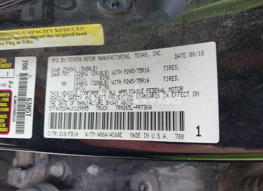 Photo 9 of 2018 Toyota Tacoma SR (VIN 5TFAX5GN4JX129995)