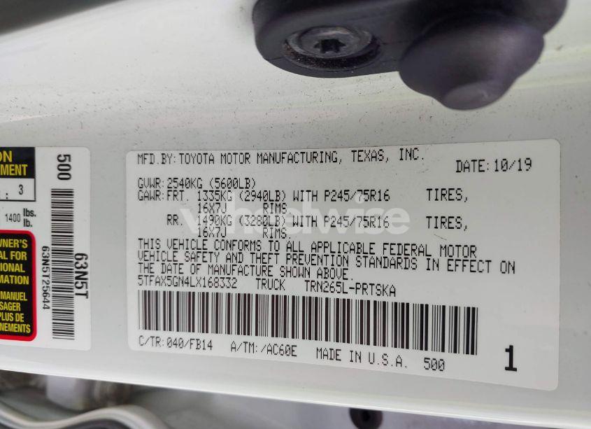 Photo 9 of 2020 Toyota Tacoma SR (VIN 5TFAX5GN4LX168332)