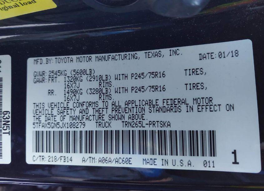 Photo 9 of 2018 Toyota Tacoma SR (VIN 5TFAX5GN5JX108279)