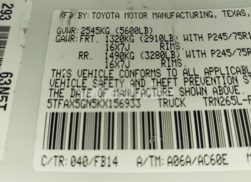 Photo 9 of 2019 Toyota Tacoma SR (VIN 5TFAX5GN5KX156933)