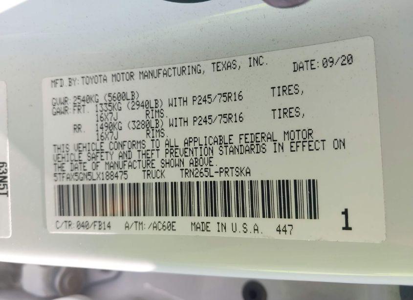 Photo 9 of 2020 Toyota Tacoma SR (VIN 5TFAX5GN5LX188475)