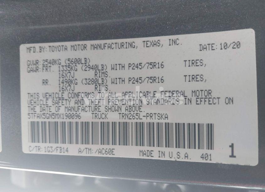Photo 9 of 2021 Toyota Tacoma SR (VIN 5TFAX5GN5MX190096)