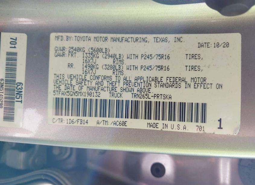 Photo 9 of 2021 Toyota Tacoma SR (VIN 5TFAX5GN5MX190132)