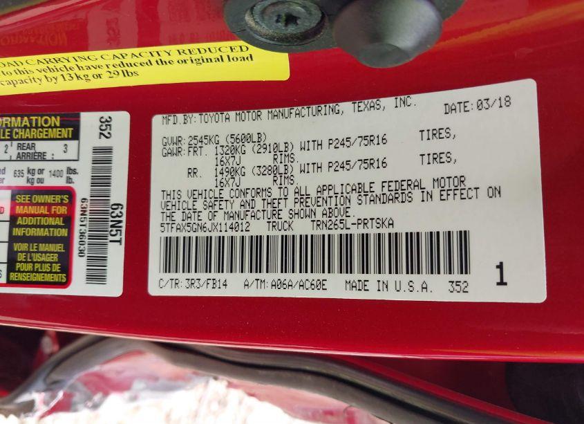 Photo 9 of 2018 Toyota Tacoma SR (VIN 5TFAX5GN6JX114012)