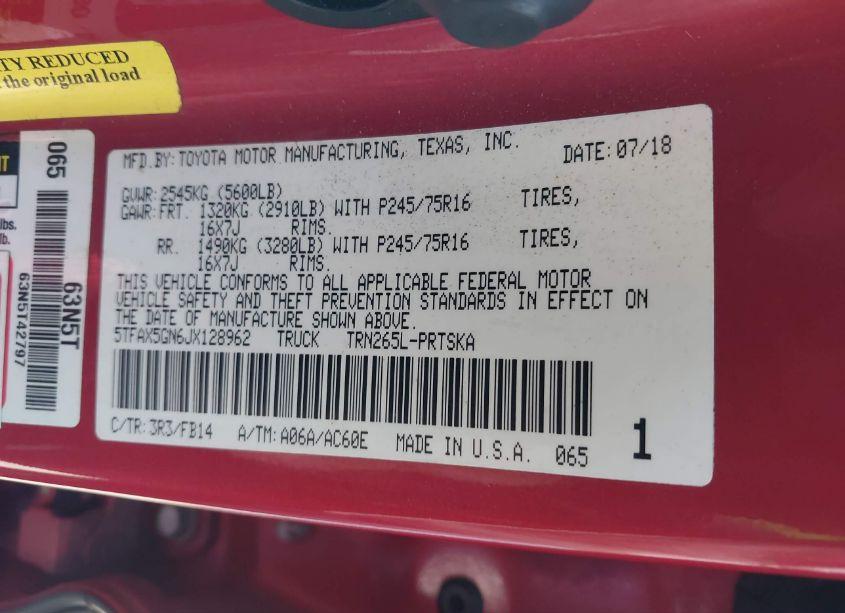 Photo 9 of 2018 Toyota Tacoma SR (VIN 5TFAX5GN6JX128962)