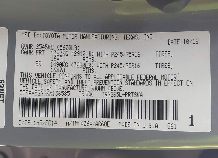 Photo 9 of 2019 Toyota Tacoma SR5 (VIN 5TFAX5GN7KX136585)