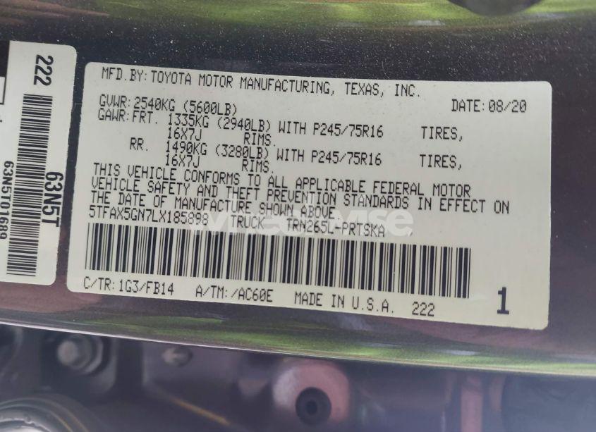 Photo 9 of 2020 Toyota Tacoma SR (VIN 5TFAX5GN7LX185898)