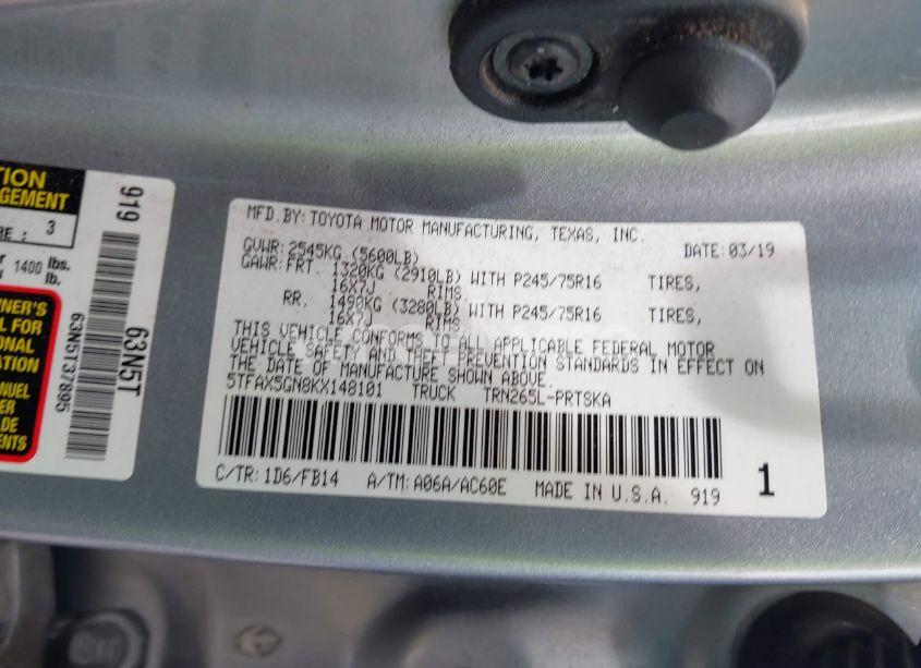 Photo 9 of 2019 Toyota Tacoma SR (VIN 5TFAX5GN8KX148101)