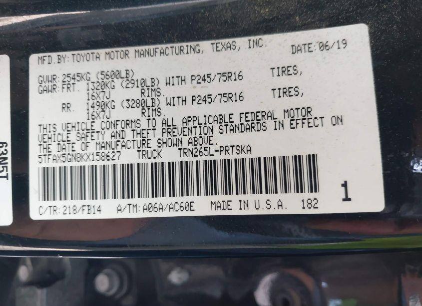 Photo 9 of 2019 Toyota Tacoma SR (VIN 5TFAX5GN8KX158627)