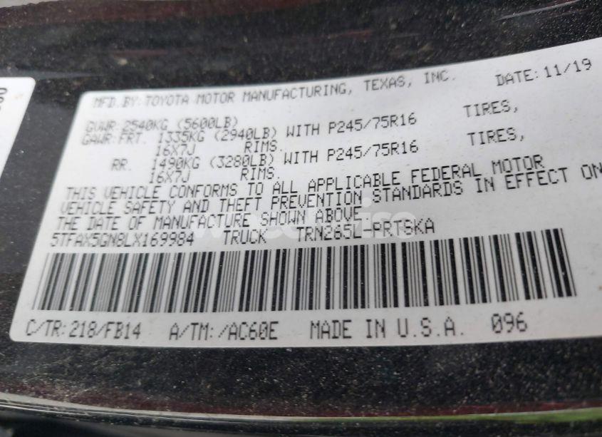 Photo 9 of 2020 Toyota Tacoma SR (VIN 5TFAX5GN8LX169984)