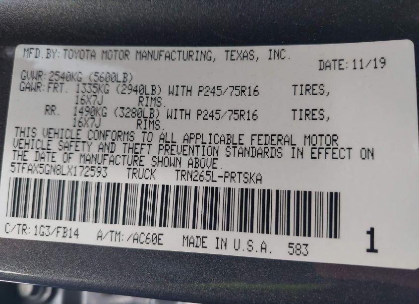 Photo 9 of 2020 Toyota Tacoma SR (VIN 5TFAX5GN8LX172593)