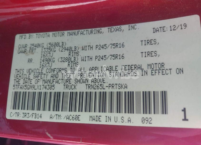 Photo 9 of 2020 Toyota Tacoma SR (VIN 5TFAX5GN9LX174305)