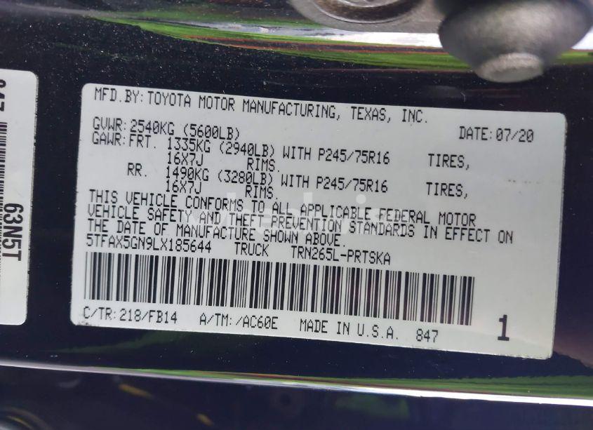 Photo 9 of 2020 Toyota Tacoma SR (VIN 5TFAX5GN9LX185644)