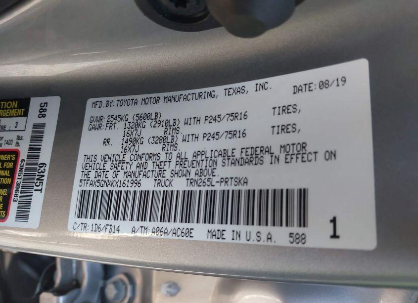 Photo 9 of 2019 Toyota Tacoma SR (VIN 5TFAX5GNXKX161996)