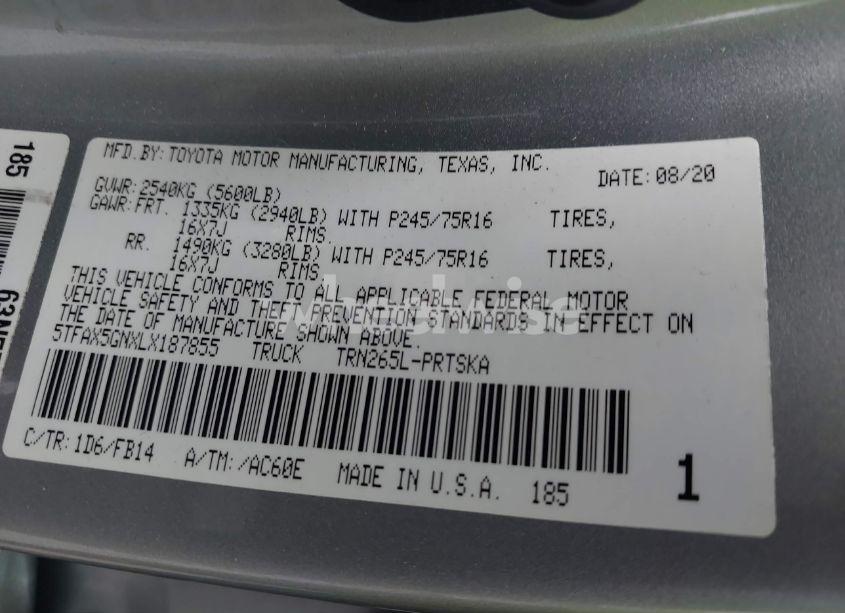 Photo 9 of 2020 Toyota Tacoma SR (VIN 5TFAX5GNXLX187855)