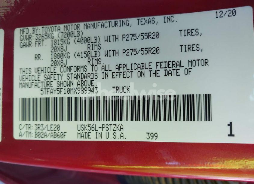 Photo 9 of 2021 Toyota Tundra PLATINUM (VIN 5TFAY5F10MX989943)