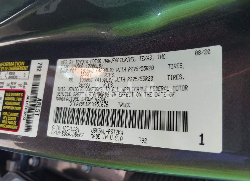 Photo 9 of 2020 Toyota Tundra 4WD (VIN 5TFAY5F12LX951676)
