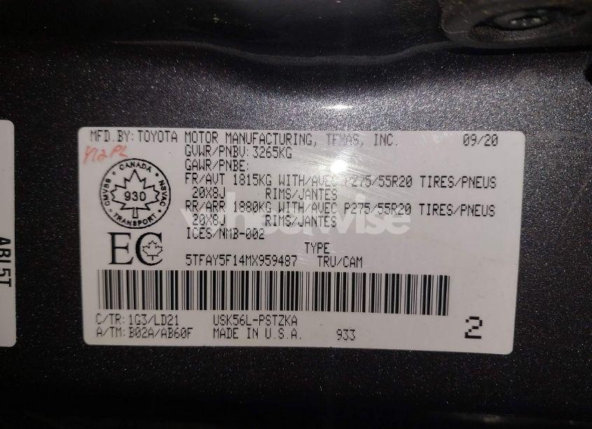 Photo 9 of 2021 Toyota Tundra PLATINUM (VIN 5TFAY5F14MX959487)