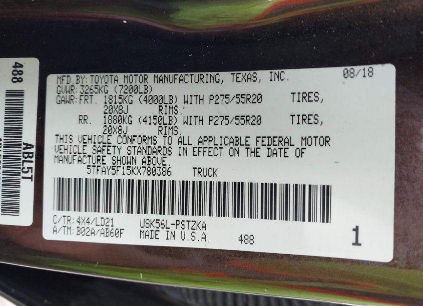 Photo 9 of 2019 Toyota Tundra 1794 5.7L V8 (VIN 5TFAY5F15KX780386)