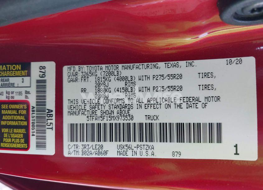 Photo 9 of 2021 Toyota Tundra PLATINUM (VIN 5TFAY5F15MX973530)