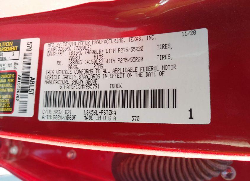 Photo 9 of 2021 Toyota Tundra 1794 EDITION (VIN 5TFAY5F15MX985791)