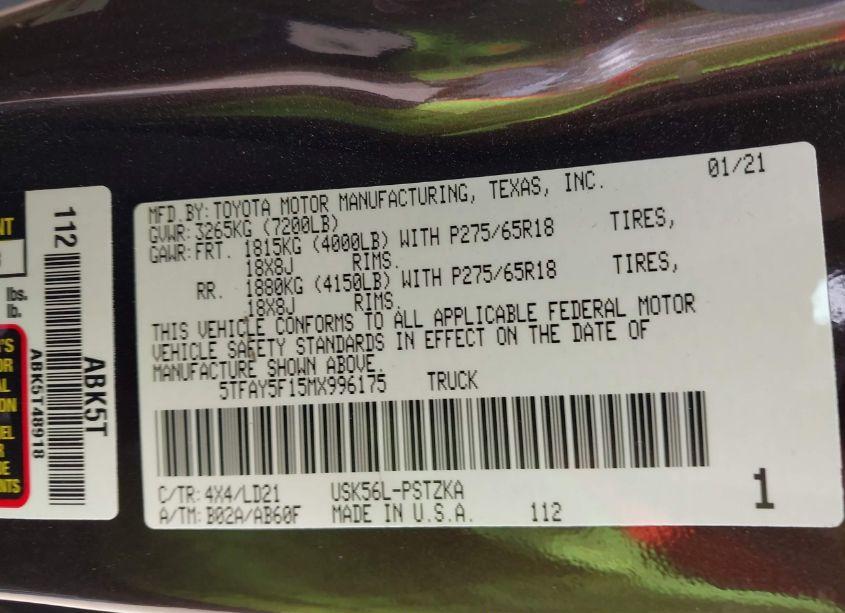 Photo 9 of 2021 Toyota Tundra 1794 EDITION (VIN 5TFAY5F15MX996175)