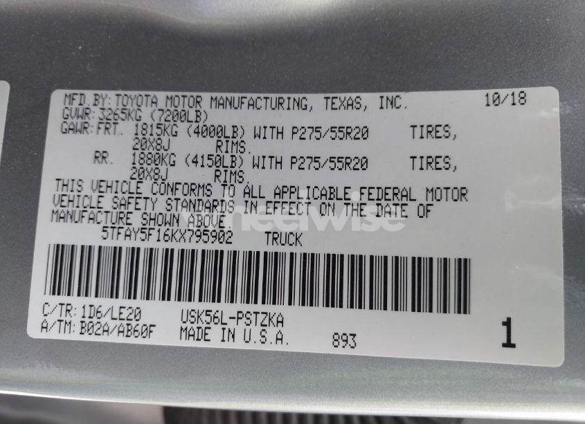 Photo 9 of 2019 Toyota Tundra PLATINUM 5.7L V8 (VIN 5TFAY5F16KX795902)