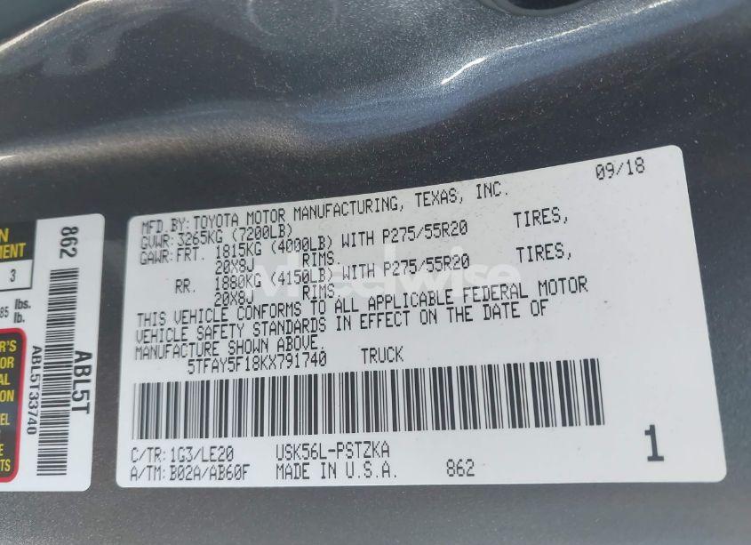 Photo 9 of 2019 Toyota Tundra PLATINUM 5.7L V8 (VIN 5TFAY5F18KX791740)