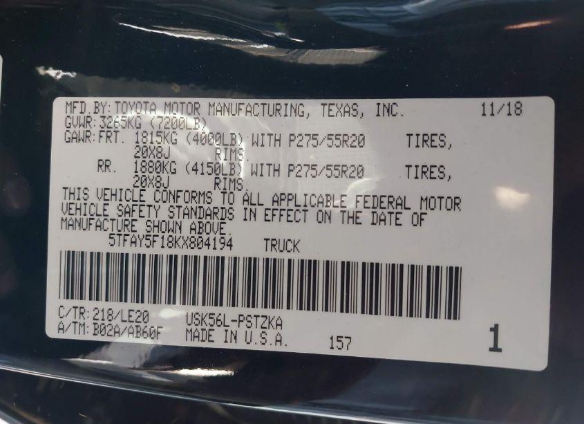 Photo 9 of 2019 Toyota Tundra PLATINUM 5.7L V8 (VIN 5TFAY5F18KX804194)