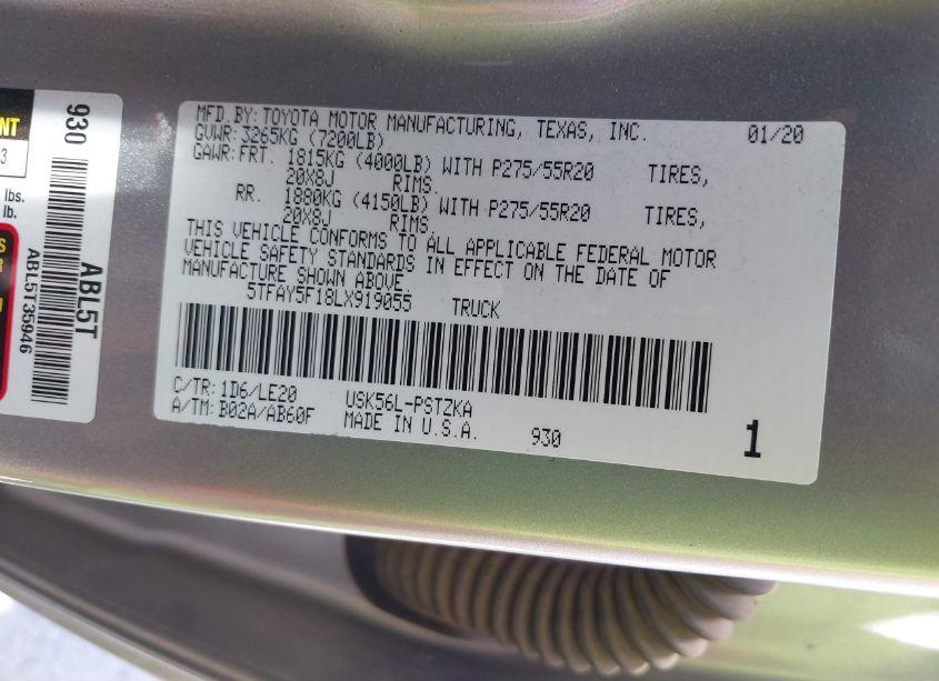 Photo 9 of 2020 Toyota Tundra PLATINUM (VIN 5TFAY5F18LX919055)