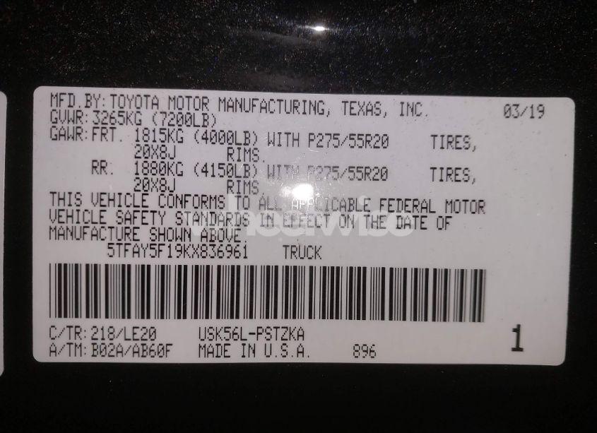 Photo 9 of 2019 Toyota Tundra PLATINUM 5.7L V8 (VIN 5TFAY5F19KX836961)