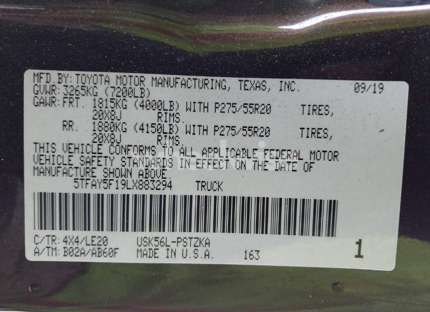 Photo 9 of 2020 Toyota Tundra PLATINUM (VIN 5TFAY5F19LX883294)