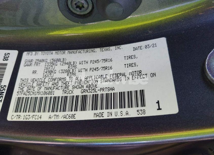 Photo 9 of 2021 Toyota Tacoma SR5 V6 (VIN 5TFAZ5CN1MX106081)