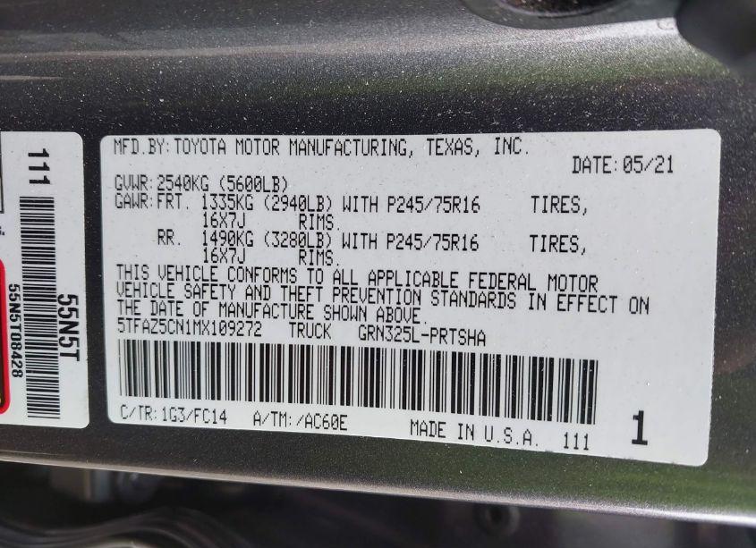 Photo 9 of 2021 Toyota Tacoma SR5 V6 (VIN 5TFAZ5CN1MX109272)