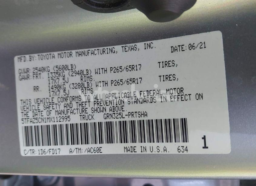 Photo 9 of 2021 Toyota Tacoma TRD SPORT (VIN 5TFAZ5CN1MX112995)
