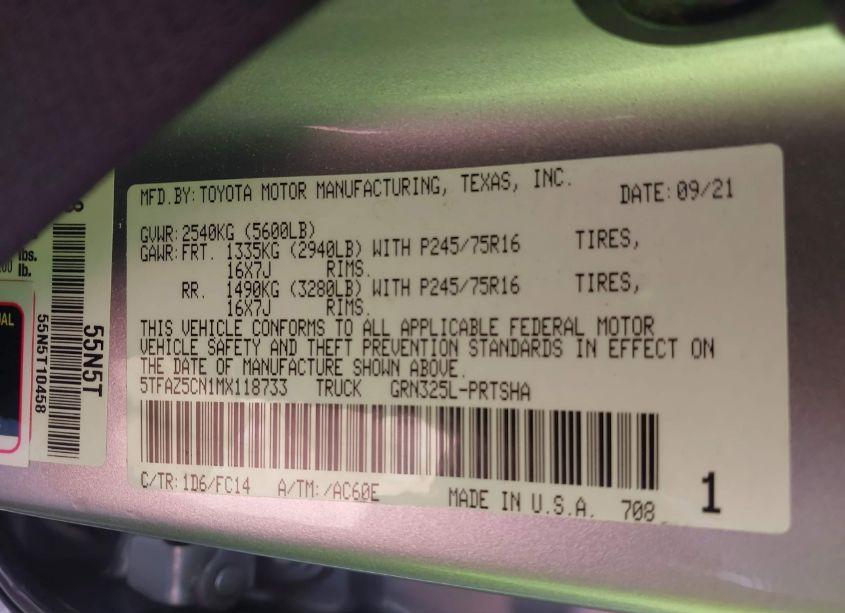 Photo 9 of 2021 Toyota Tacoma SR5 V6 (VIN 5TFAZ5CN1MX118733)