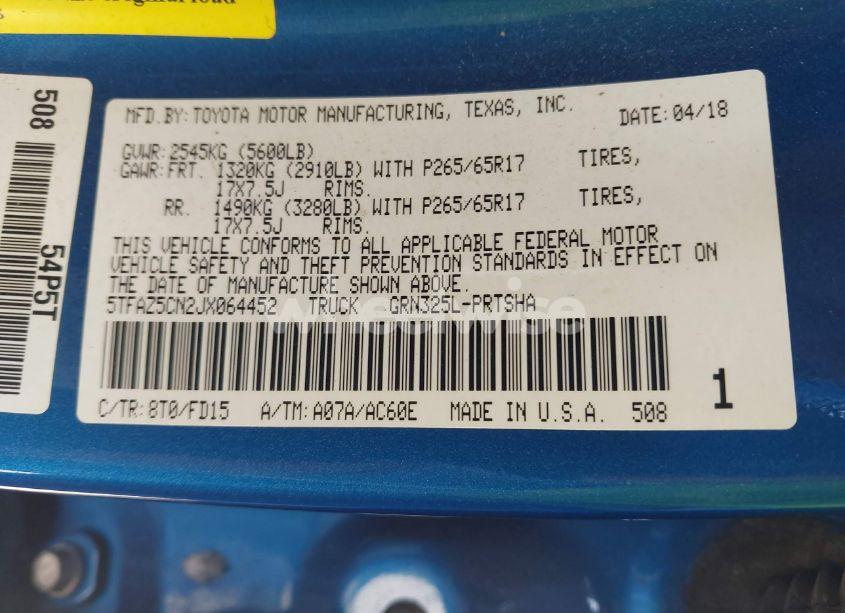 Photo 9 of 2018 Toyota Tacoma TRD SPORT (VIN 5TFAZ5CN2JX064452)