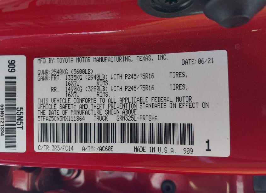 Photo 9 of 2021 Toyota Tacoma SR5 V6 (VIN 5TFAZ5CN3MX111864)