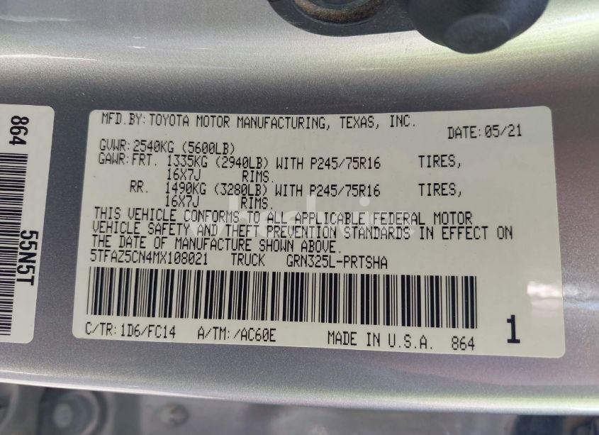 Photo 9 of 2021 Toyota Tacoma SR5 V6 (VIN 5TFAZ5CN4MX108021)
