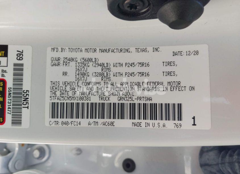 Photo 9 of 2021 Toyota Tacoma SR5 V6 (VIN 5TFAZ5CN5MX100381)