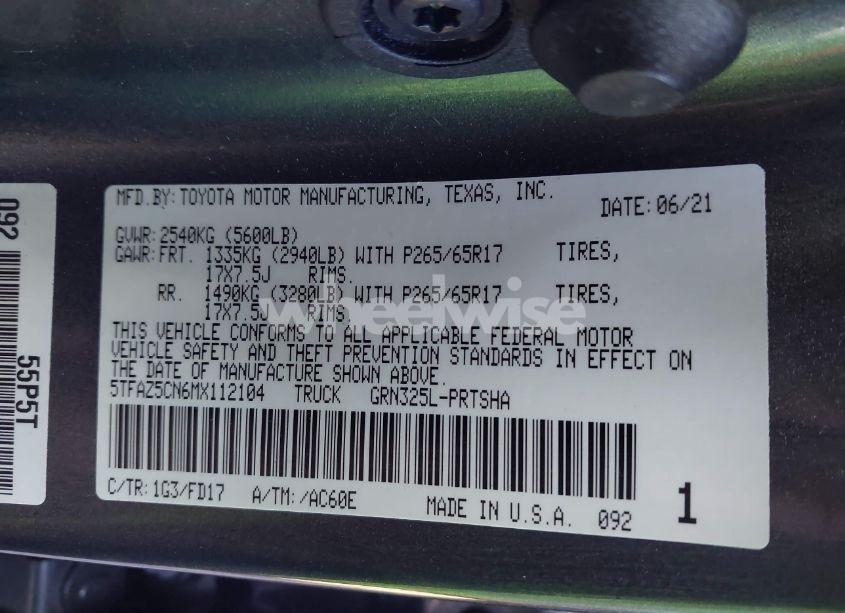 Photo 9 of 2021 Toyota Tacoma TRD SPORT (VIN 5TFAZ5CN6MX112104)